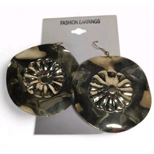 Large Pierced Gold tone Hammered Medallion Disc Earrings Boho Statement 2 1/4"